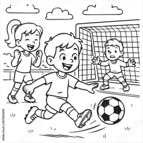 kids playing soccer coloring page vector illustration for children