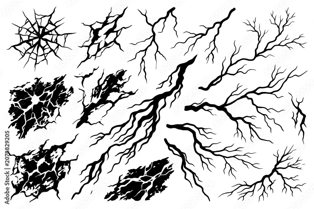 Obraz premium Collection of abstract crack and branch patterns on white background.