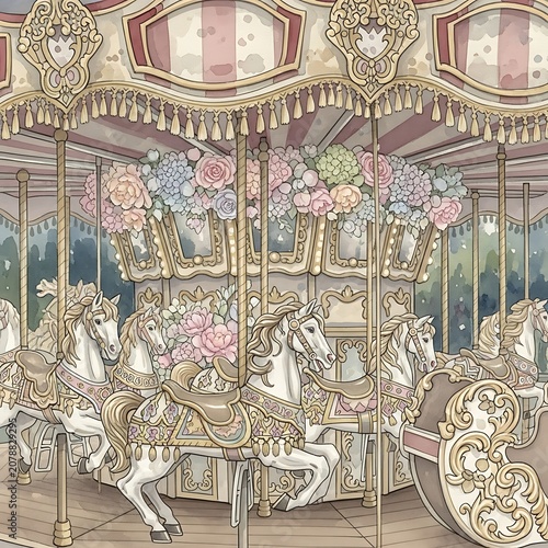Elegant Vintage Carousel with Ornate Decorations and Horses.