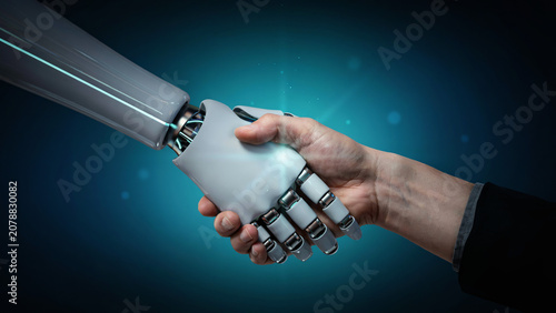 Hand shake between artificial iintellegence and human hand isolated on abstract background