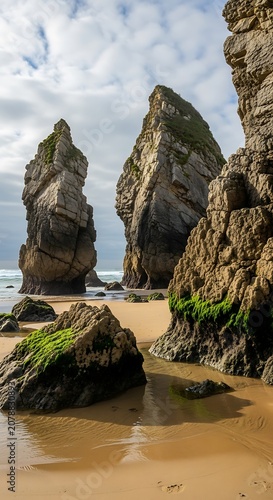 Majestic Coastal Rock Formations with Sandy Beach and Ocean View.