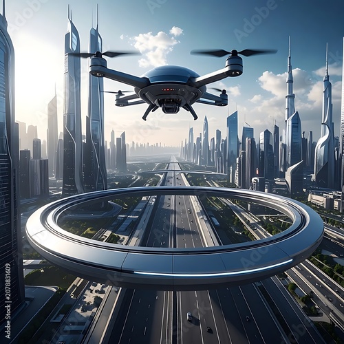 A futuristic drone hovers over a sleek, modern cityscape with a ring road