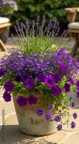 Beautiful Lavender and Petunia Flower Pot in Garden Setting.