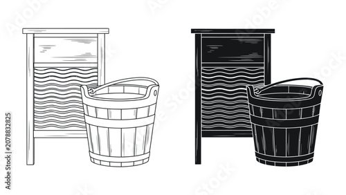 Konstfotografi Vintage Laundry Tools: A black and white illustration depicts a washboard and a wooden bucket, showcasing traditional laundry equipment from a bygone era