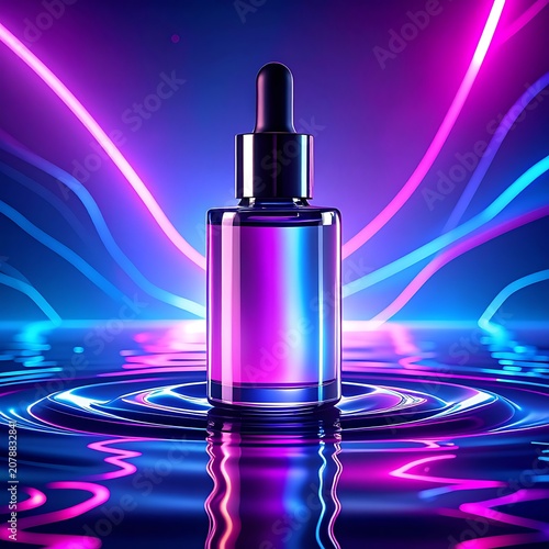 A futuristic glass dropper bottle on rippling water with neon lights