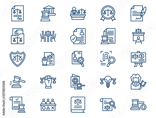 Legal law justice outline icon set presents detailed courtroom litigation elements. Authority concept