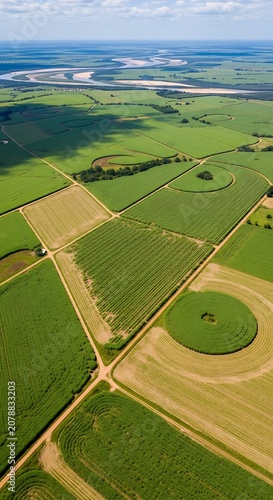 Aerial View of Vibrant Green Agricultural Fields and Circular Crops.