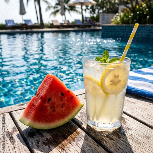 Refreshing lemonade drink and slice of juicy watermelon beside sparkling swimming pool on sunny day.