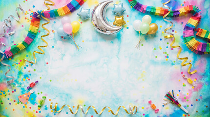 Festive celebration frame with silver moon and star foil balloons, rainbow paper streamers, curly gold ribbons, and confetti on a pastel tie-dye background with central copyspace

