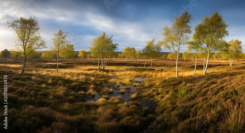 Golden hour rural landscape with farm pond and trees.