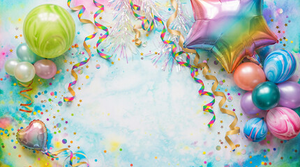 Pastel celebration background with iridescent star and heart foil balloons, colorful marble balloons, curly ribbons, and confetti on a watercolor tie-dye texture with central copyspace
