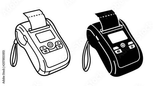 Konstfotografi Portable Receipt Printer Pair: A duo of compact receipt printers, one in outline and the other in silhouette, ready for point-of-sale transactions