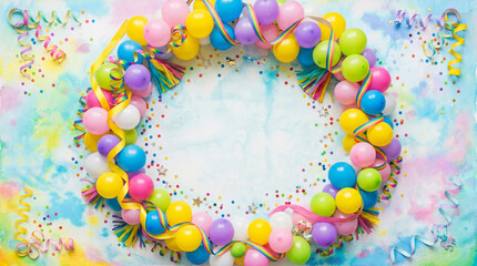Festive circular balloon wreath frame with colorful curly ribbons and confetti on a pastel watercolor tie-dye background with central copyspace, overhead flatlay party design
