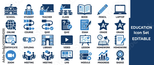Billede på lærred Comprehensive education and e-learning icon set for academic success