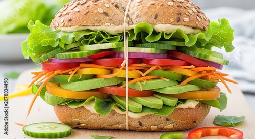 Fresh Vegetable Sandwich Stack with Lettuce Tomato Cucumber and Carrot Close Up Top View
