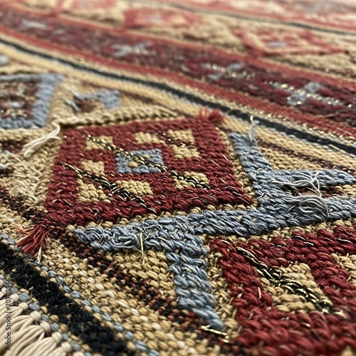 Close-Up of Traditional Handwoven Rug with Intricate Patterns and Rich Colors.