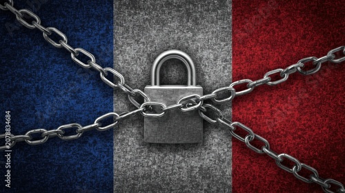 Padlock held by overlapping metal chains creates a strong visual metaphor for restricted internet access and the necessity of digital privacy tools within the French cultural landscape today.