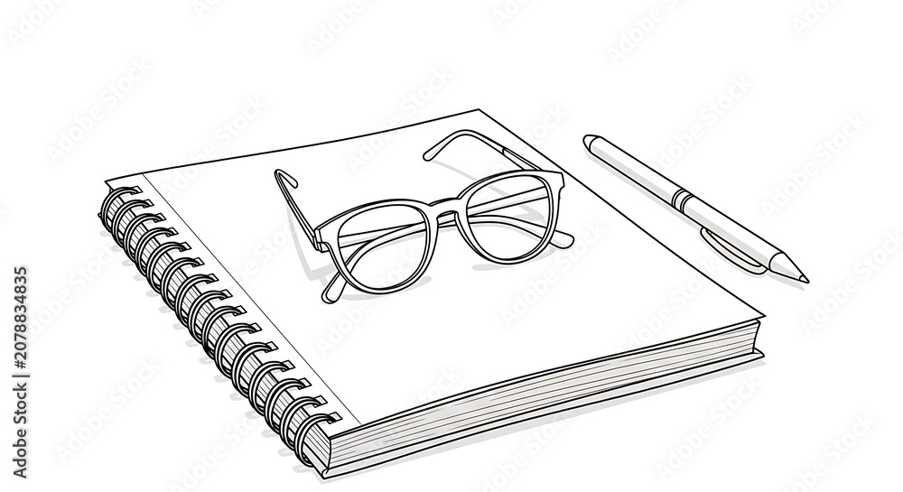 Naklejka premium Minimalist line art illustration of eyeglasses resting on a spiral notebook with a pen on a white background