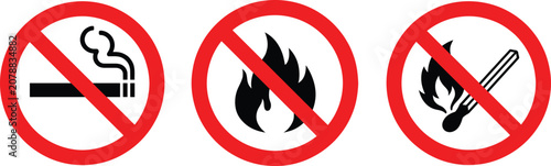 Fotografija Vector set of three red prohibition signs isolated on a white background, featuring no smoking, no open flame, and no match icons for fire safety and flammable hazard prevention