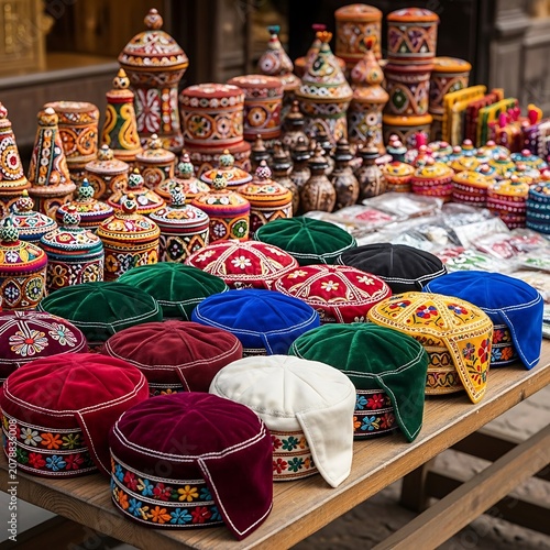 Colorful Traditional Handcrafted Hats and Accessories Displayed at Market Stall.