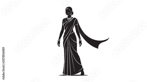 Indian woman in traditional saree silhouette, elegant female figure in ethnic dress vector, black and white cultural fashion illustration for logo design
