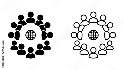 Fotografie Global Meeting Icon Set: Two distinct icons depict a group of people surrounding a globe, representing global connection and collaboration