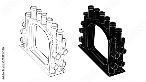 Cuadro en lienzo Pipes and Connectors: A diagram showcasing plumbing components, with a line drawing and a silhouette version of a manifold system
