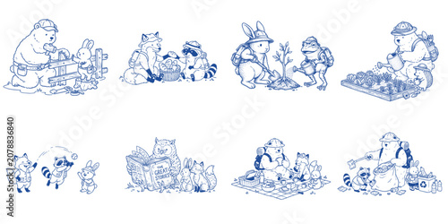 Cartoon Animal Acts of Kindness Collection Helping Sharing Gardening and Community Activities