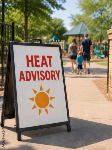 Heat Advisory Sign at Playground Entrance During Summer Heat Wave