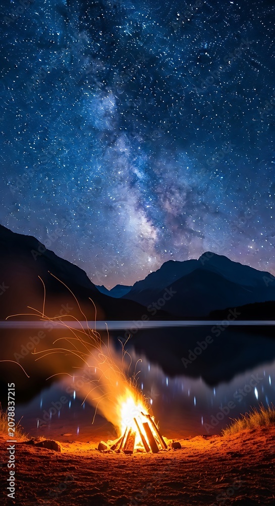Naklejka premium Night Sky Milky Way Over Mountain Lake Campsite Scene.