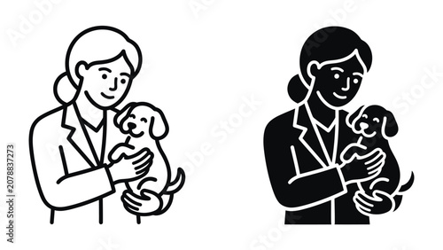 Foto Veterinarian Holding Puppy: A friendly veterinarian tenderly cradles a small puppy, symbolizing care, compassion, and the human-animal bond