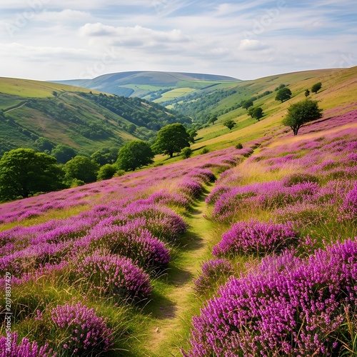 Scenic Landscape of Rolling Hills and Vibrant Purple Heather Blooms.