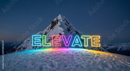 Colorful Neon Sign Spelling Elevate in Front of Mountain Peak.