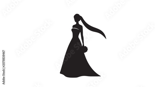 Elegant bride silhouette in wedding dress, minimalist black woman figure with bouquet vector, bridal fashion icon for marriage invitations