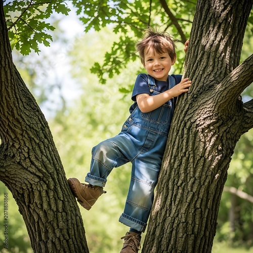 Joyful Child Climbing Tree in Park on Sunny Day.