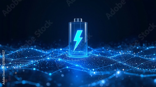 Digital battery with lightning bolt symbol surrounded by glowing blue network connections.