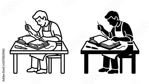 Принти на полотні Bookbinder Craftsmanship: A bookbinder diligently works on a book, meticulously stitching pages and ensuring quality craftsmanship
