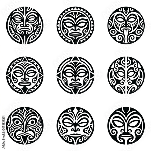 Collection of nine Maori tribal mask designs in black and white.