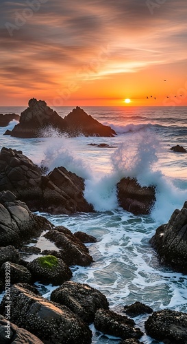 Dramatic Sunset Over Rocky Coastline with Ocean Waves.