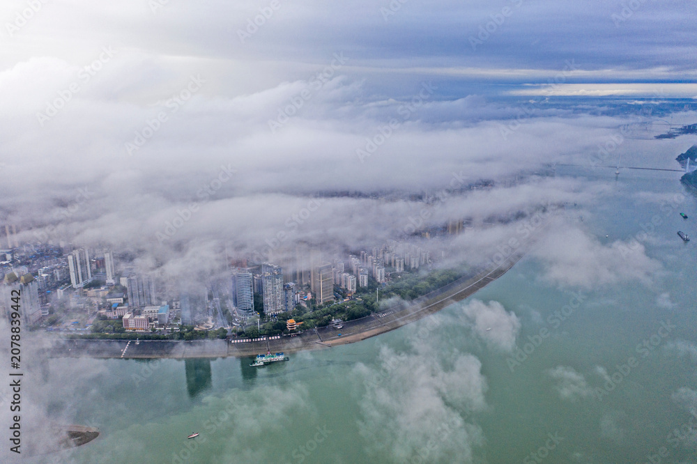 Fototapeta premium Cloudy Aerial View of Yichang City and Yangtze River