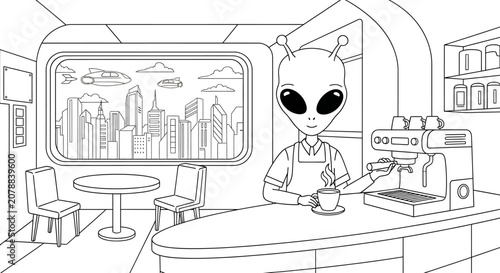 Alien barista making coffee in a futuristic cafe with a city view, perfect for a sci-fi coloring book page or space-themed illustration.