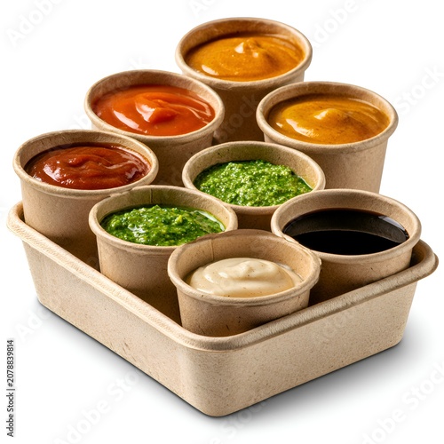 Assortment of dipping sauces in paper cups arranged in a tray