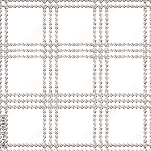 Seamless luxury pattern with strings of white pearls arranged in geometric square grid like lattice. Triple lines. Transparent background. Wedding luxury design