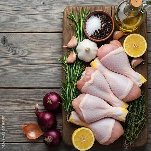 Fresh Raw Chicken with Vegetables and Seasonings on Wooden Surface.