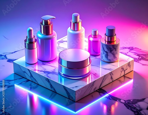 A futuristic neon-lit display of luxury skincare products