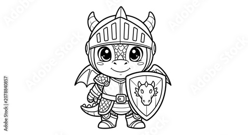 Adorable cartoon chibi dragon knight character in full medieval armor holding a shield, ready for adventure. Outline illustration perfect for children's coloring books.