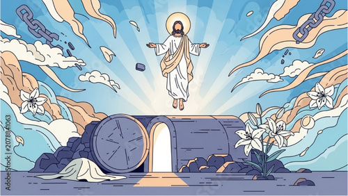 Canvastavla Jesus Christ rises from the tomb in a serene landscape with lily flowers and clo