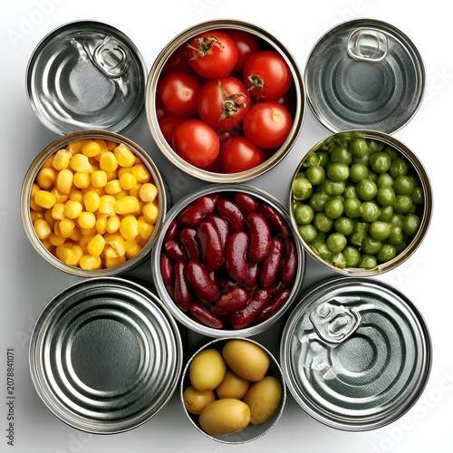 Overhead view of various canned goods, including corn, peas, tomatoes, kidney beans, and olives, with some cans unopened, against a neutral background.
