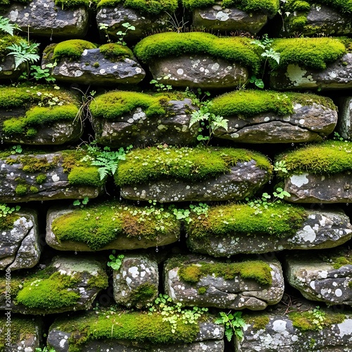 Moss-Covered Stone Wall with Natural Texture and Green Growth.