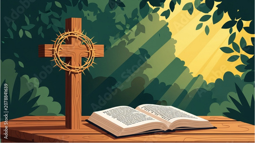 Foto A serene outdoor scene depicts a cross and an open book on a table surrounded by lush foliage and sunlight